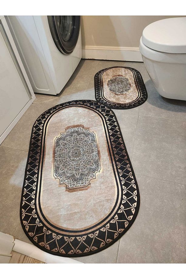 Dekoratif Yıkanabilir Kaymaz Dot Taban 3'lü Banyo Paspası ve Makine Matı Seti - 4