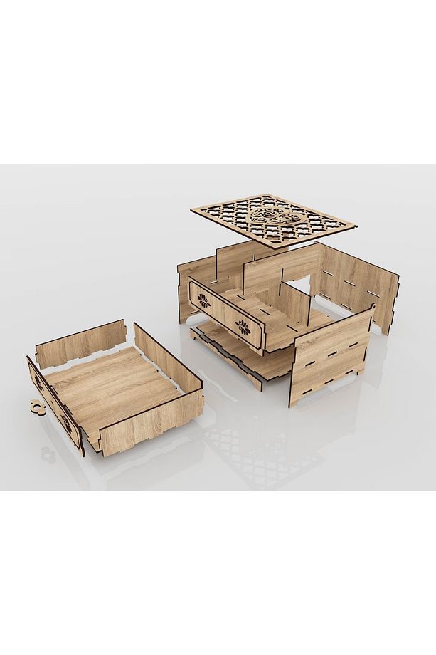 Ahşap 2 Katlı Takı Kutusu - Mücevher Kutusu - Masaüstü Organizer - Dekoratif Kutu - Oslo - 5