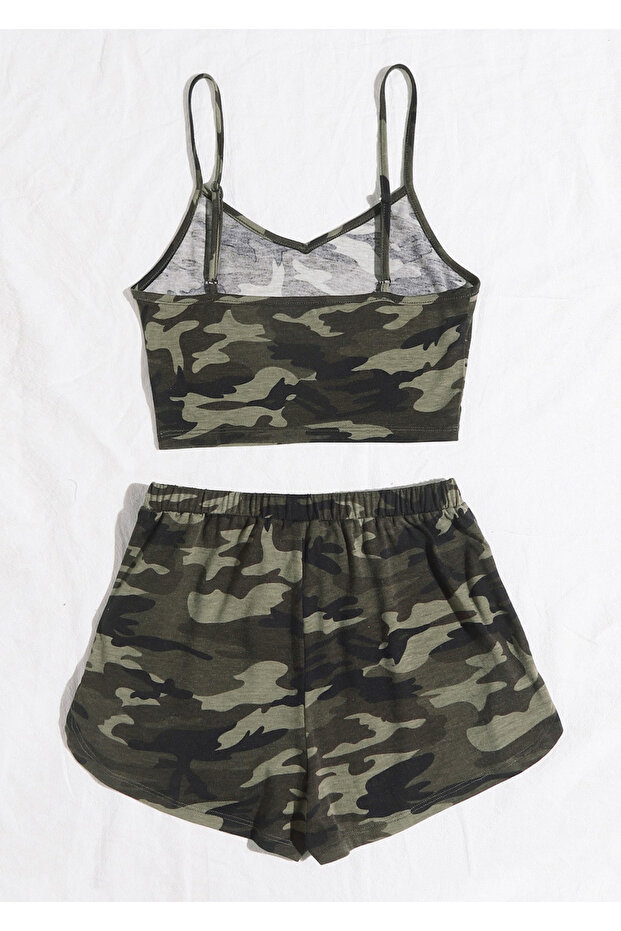 Kadın Kamuflaj Desenli Askılı Crop Top ve Şortlu Gecelik Takım - 2