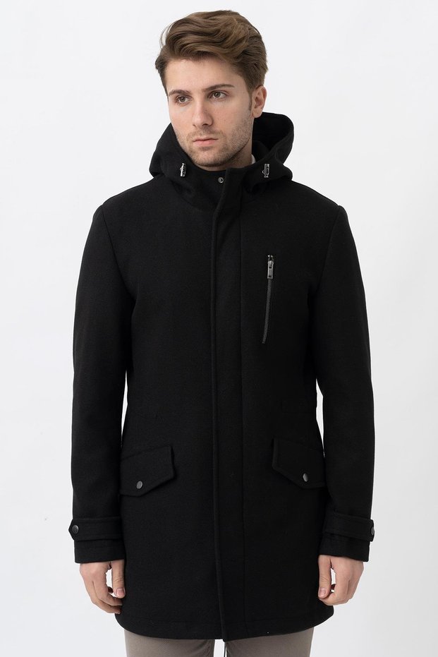 Black Slim Fit Hooded Zipper Closure Pocketed Cashmere Coat