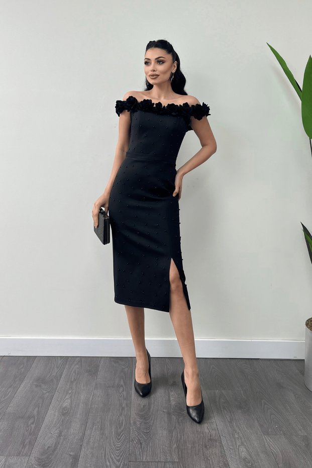 Atlas Fabric Floral Pearl Detail Pencil Dress - Black