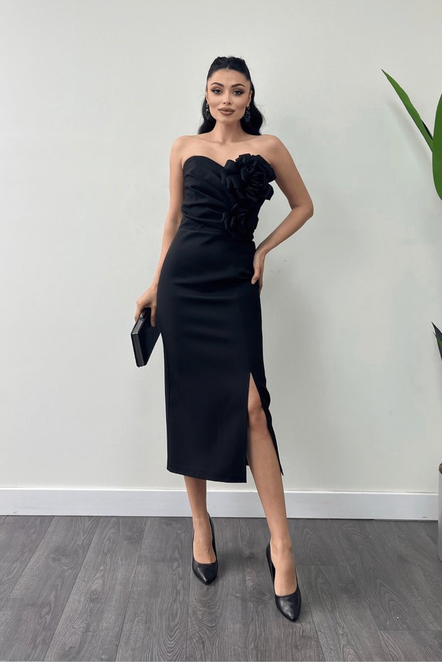 Atlas Fabric Rose Detailed Strapless Pencil Dress - Black