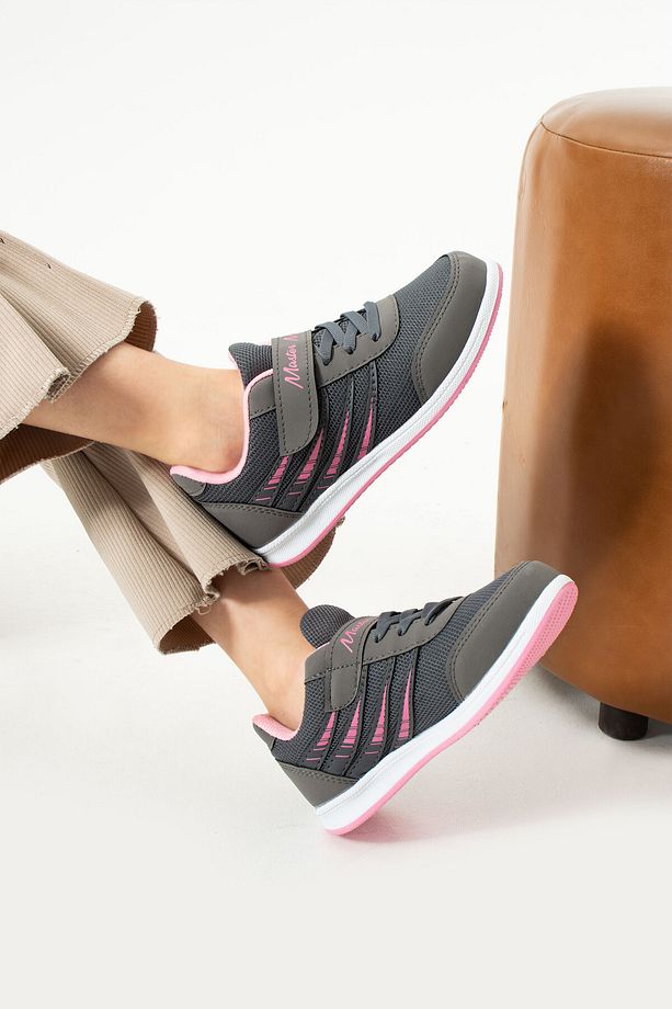 Çocuk Füme Pembe Bağcıklı Tek Cırtlı Esnek Hafif Nefes Alabilen Unisex Fileli Sneaker Spor Ayakkabı - 2