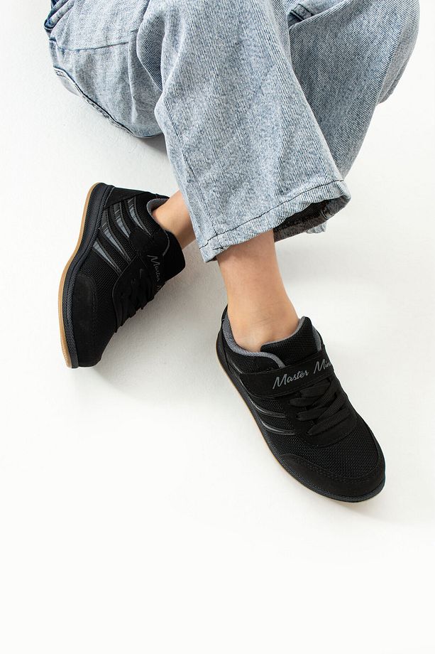 Çocuk Siyah Füme Bağcıklı Tek Cırtlı Esnek Hafif Nefes Alabilen Unisex Fileli Sneaker Spor Ayakkabı - 2
