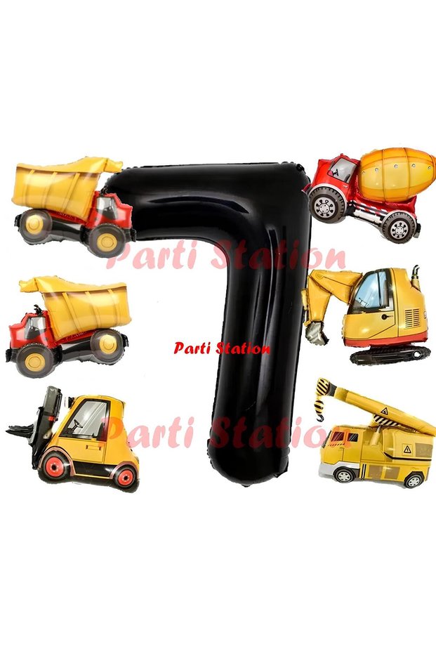 Construction Vehicles Concept Birthday 7 Years Old Balloon Set Mini Size Dipper Dozer Mixer Truck Forklift Balloon