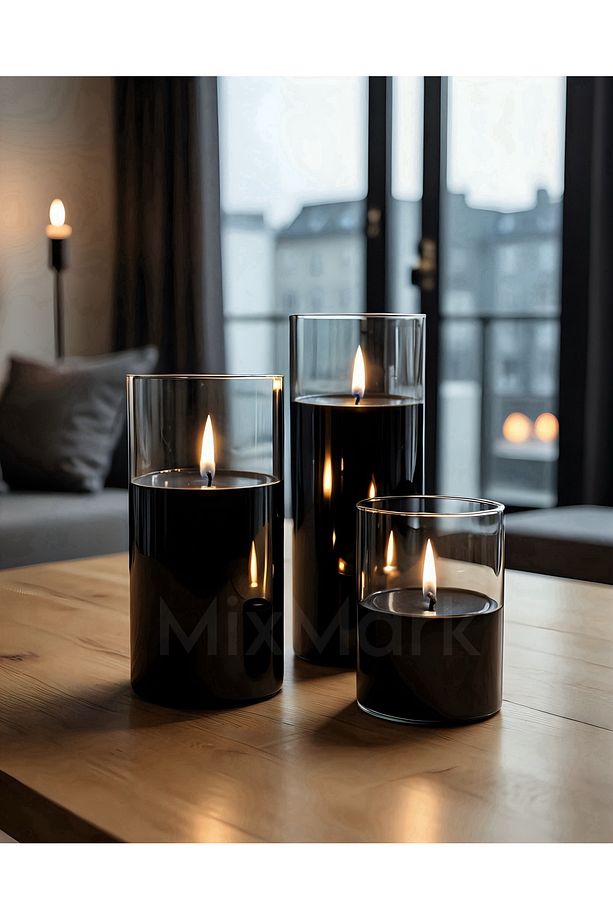 Silindir Mum Siyah Renk 3 Lü Set - 2