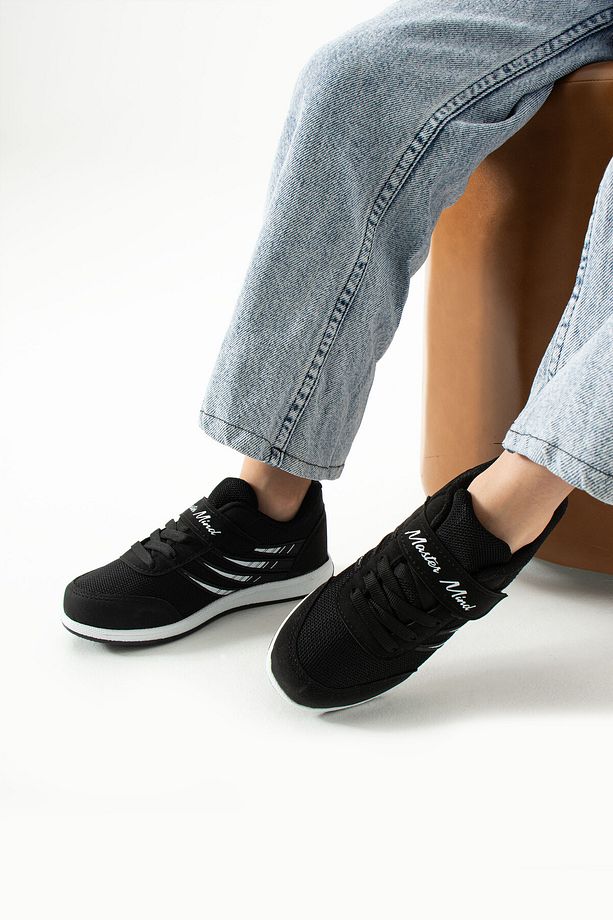 Çocuk Siyah Beyaz Bağcıklı Tek Cırtlı Esnek Hafif Nefes Alabilen Unisex Fileli Sneaker Spor Ayakkabı - 1