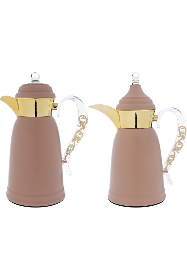 Al Saif Gallery Qamar thermos set, 1 liter, thermal glass inner container, steel outer shell - light brown