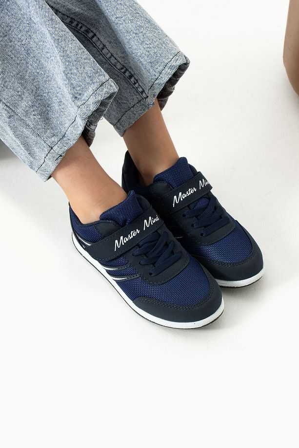 Çocuk Lacivert Bağcıklı Tek Cırtlı Esnek Hafif Nefes Alabilen Unisex Fileli Sneaker Spor Ayakkabı - 3