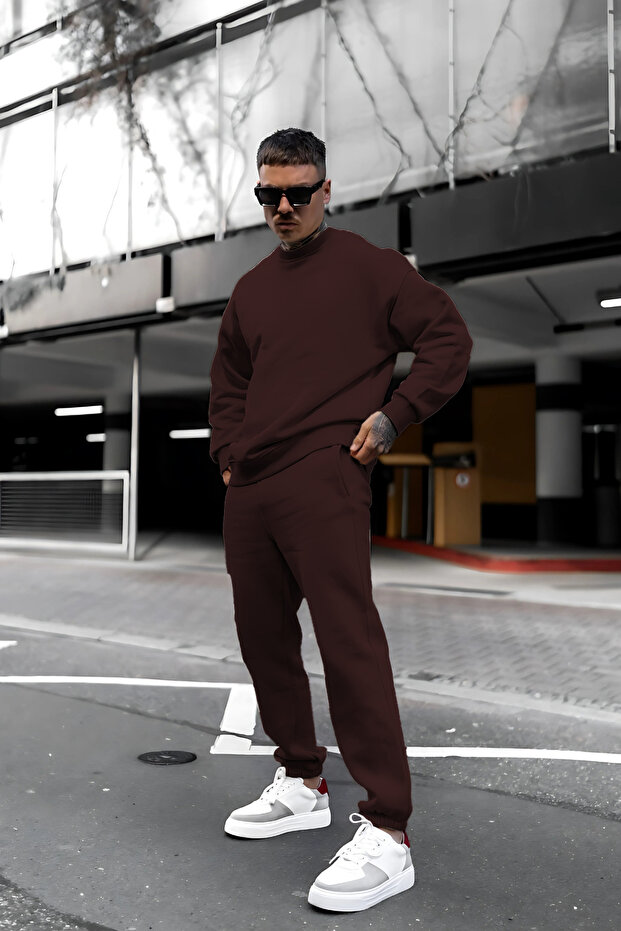 Men's Oversize 3 Thread Basic Unprinted Straight Tracksuit Set - 2