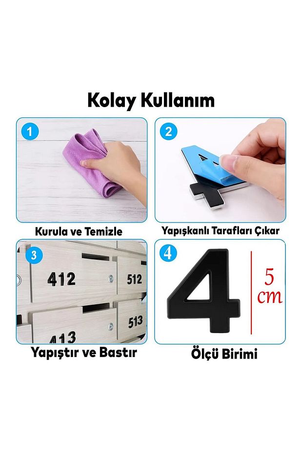 Kapı Numarası Yapışkanlı Küçük Boy 50 mm 5 cm Numara 4 Rakam Dört Sayı Siyah Renk Numaralar 1 Adet. - 5
