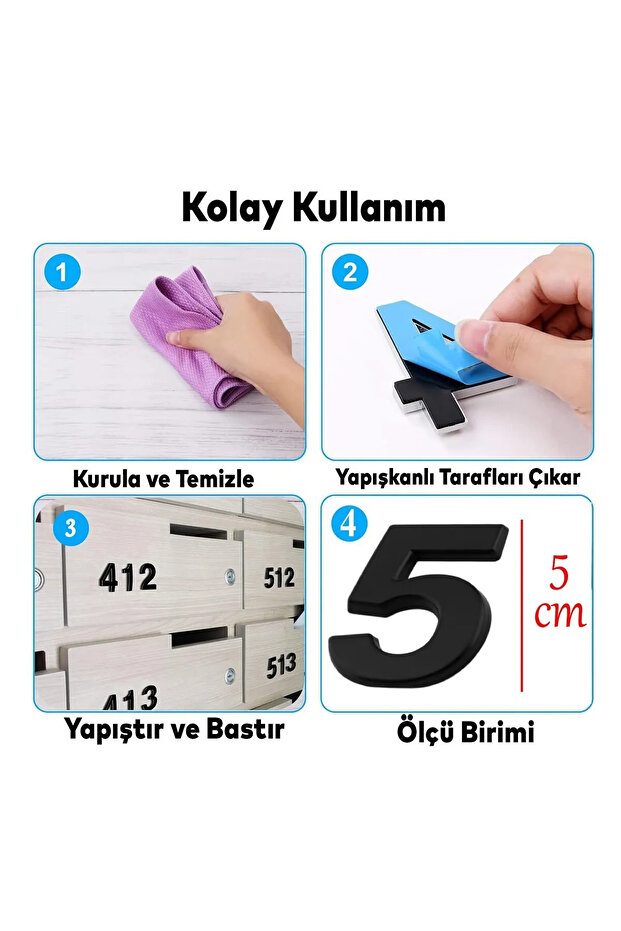 Kapı Numarası Yapışkanlı Küçük Boy 50 mm 5 cm Numara 5 Rakam Beş Sayısı Siyah Renk Numaralar 1 Adet. - 3