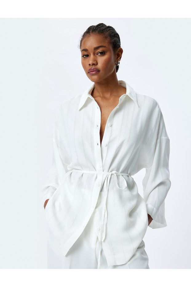 3/4 Kimono Sleeve Viscose Oversize Shirt with Belt