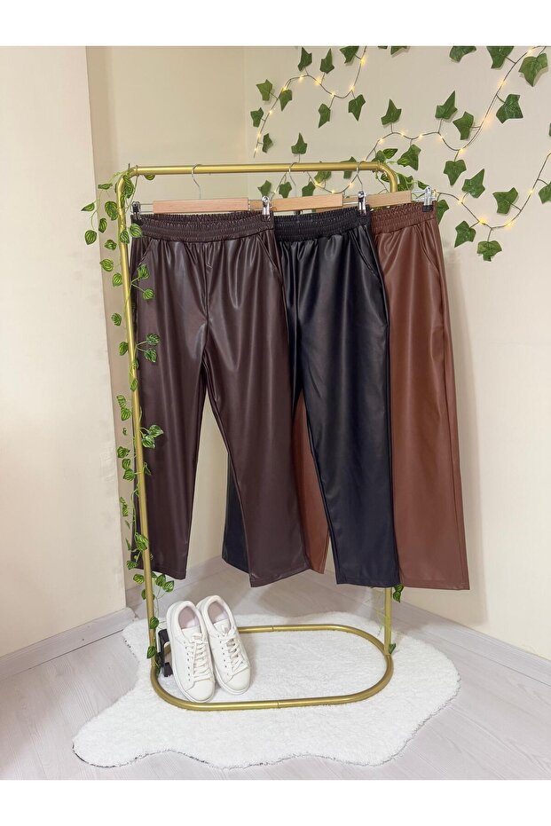 Beli Lastikli Deri Pantolon Taba - 2