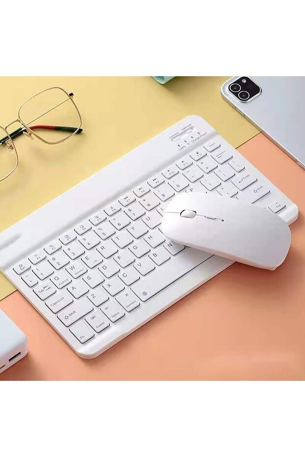 Vorcom Quartz Pro Tablet Uyumlu Mini Slim Şarjlı Bluetooth Klavye ve Mouse Seti Pembe - 6
