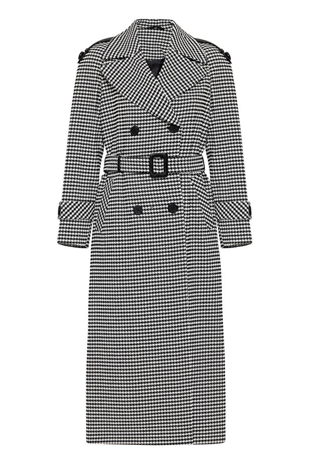 Leather Detailed Oversize Houndstooth Pattern Mid-Length Coat Black 3027