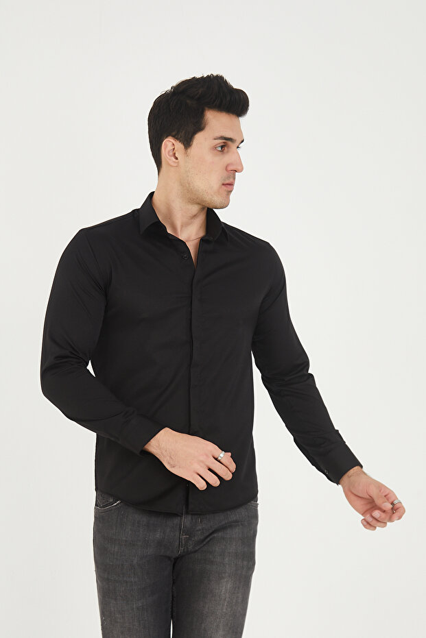 Satin Cotton Lycra Hidden Button Slim Fit Men's Shirt