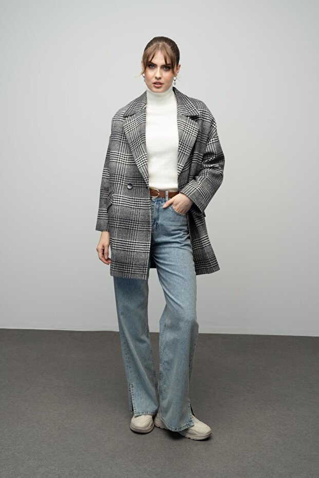 Plaid Patterned Double-Breasted Oversize Coat Black 3020