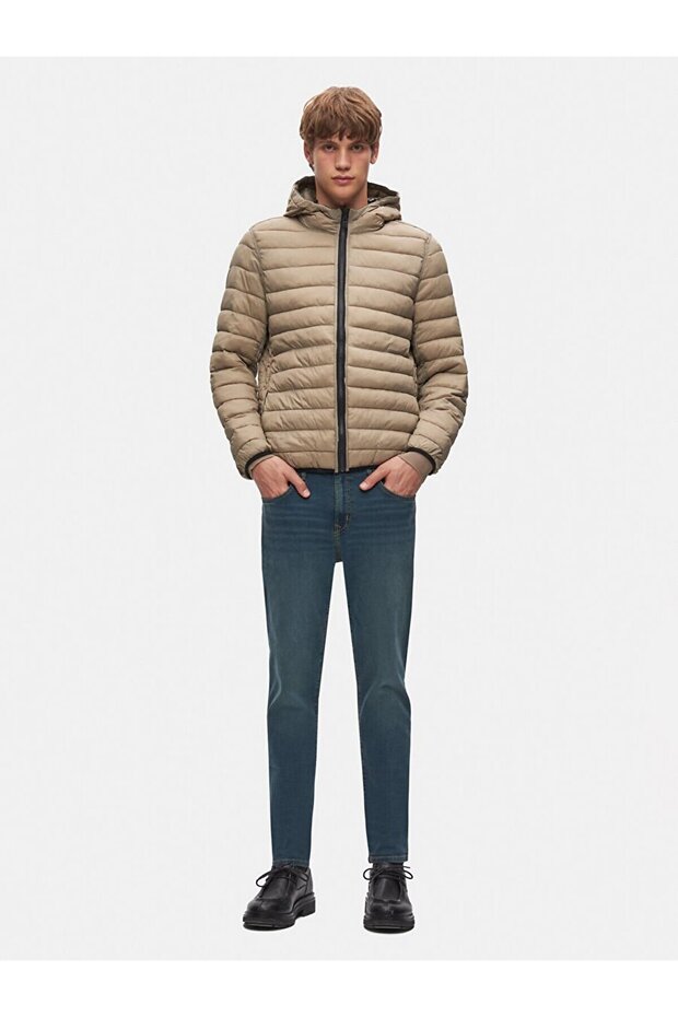 Kapüşonlu Düz Yeşil Mont - 1