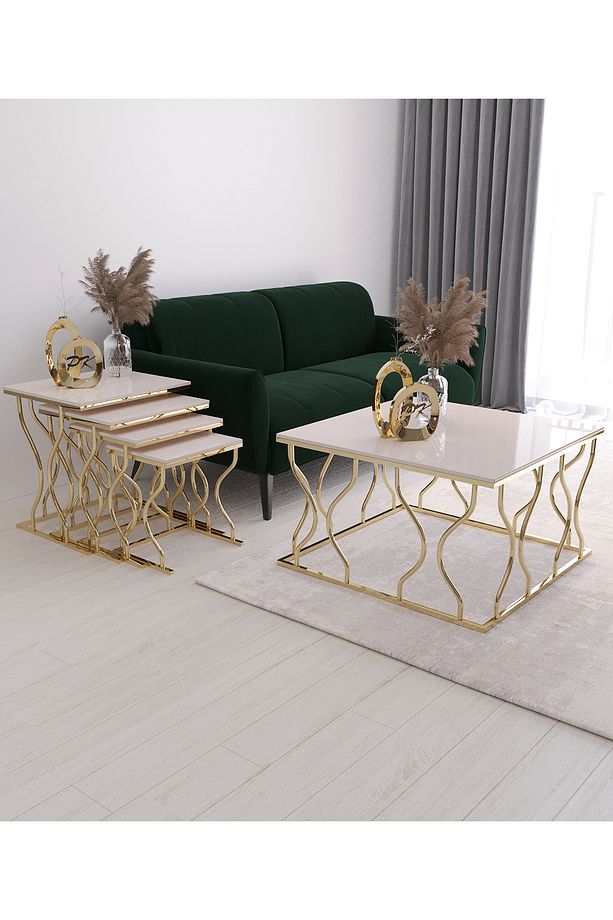 Hayal 4'lü Zigon Ve Orta Sehpa seti Gold Ayak Krem Mdf - 1
