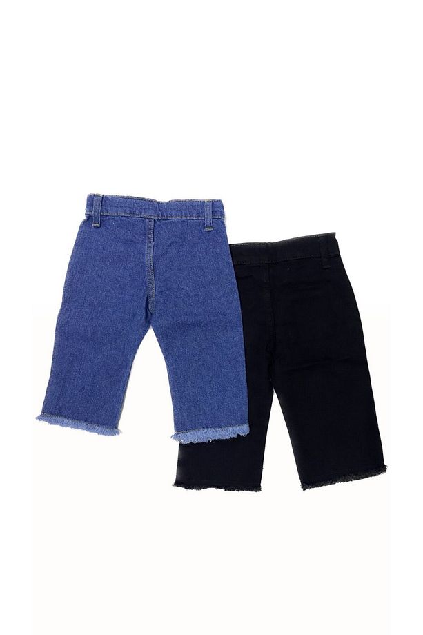 Kız Çocuk Jean Geniş Paça Pantolon 2 Adet Siyah ve Mavi Set - 2