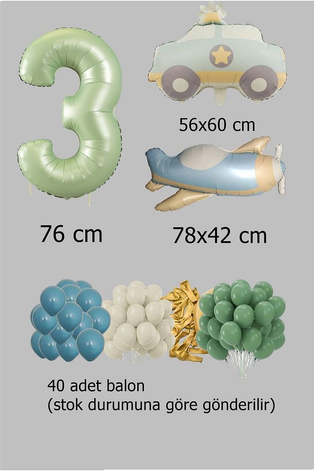 Retro Renk Uçak Polis Arabalı Folyo Balon Seti Parti Eğlence Kutlama - 2