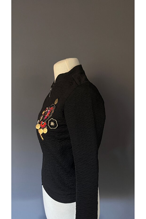 İşlemeli Siyah Bomber Ceket - 3