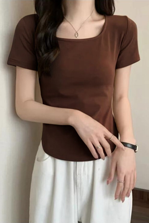 Brown Basic Y2K Short Sleeve Crop - 1