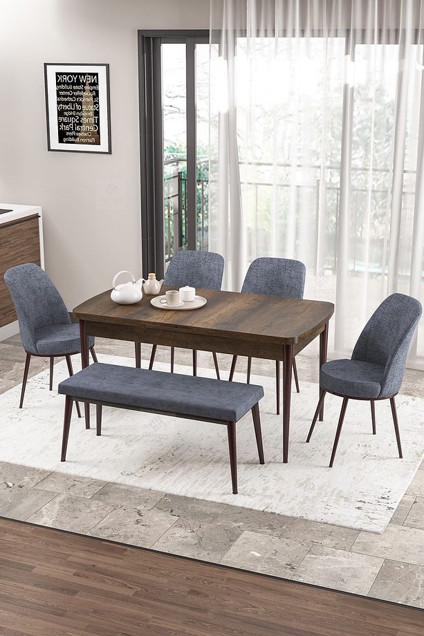 Zen Serisi 80x132 Mdf Açılabilir Barok Ahşap Desen Masa Takımı 4 Füme Sandalye Ve 1 Bench - 1