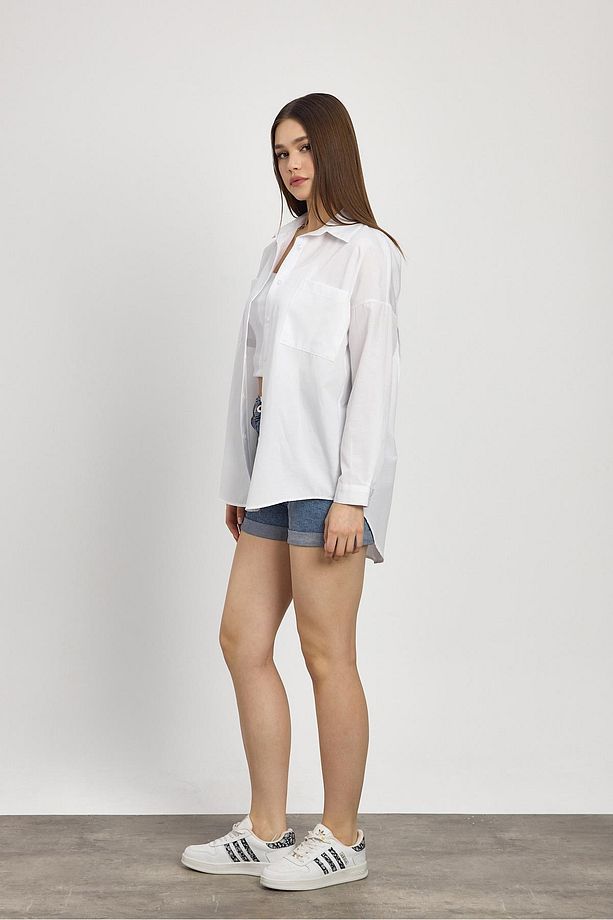 Beyaz Çift Cepli Oversize Uzun Basic Gömlek - Tcr-6256a - 8