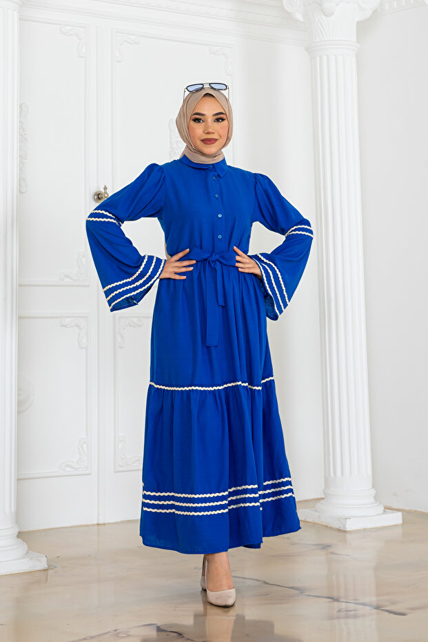 Biyeli Elbise Saks Mavisi 2035 - 6