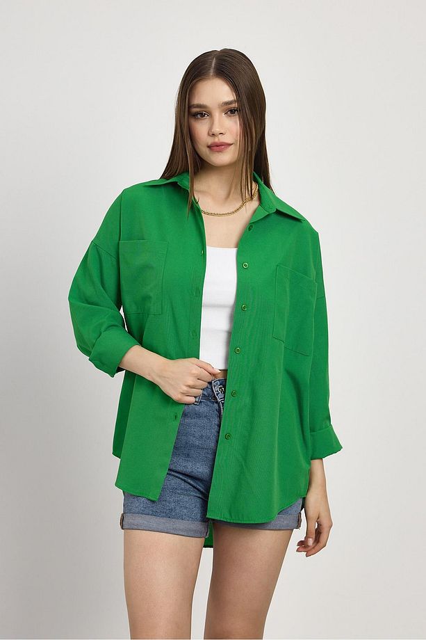Benetton Yeşili Çift Cepli Oversize Uzun Basic Gömlek - Tcr-6256a - 8