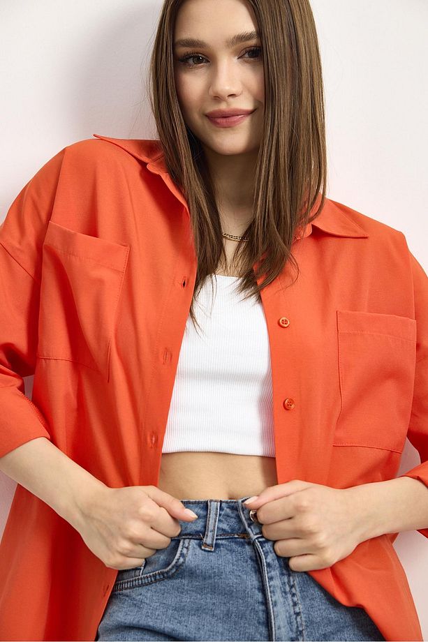 Orange Çift Cepli Oversize Uzun Basic Gömlek Tcr 6256a - 4