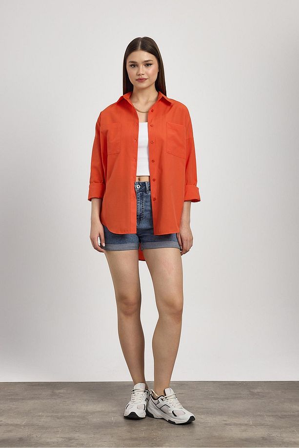 Orange Çift Cepli Oversize Uzun Basic Gömlek Tcr 6256a - 7
