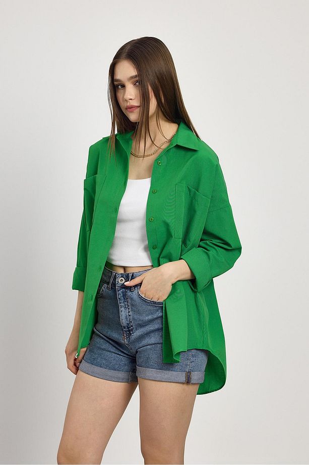 Benetton Yeşili Çift Cepli Oversize Uzun Basic Gömlek - Tcr-6256a - 6