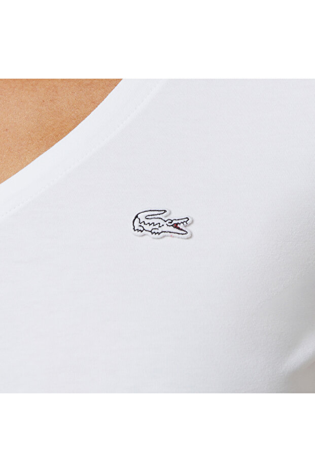 Kadın Slim Fit V Yaka Beyaz T-Shirt - 7