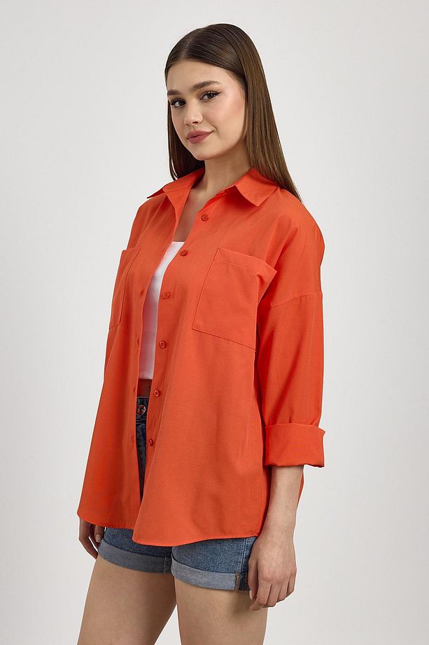 Orange Çift Cepli Oversize Uzun Basic Gömlek Tcr 6256a - 3