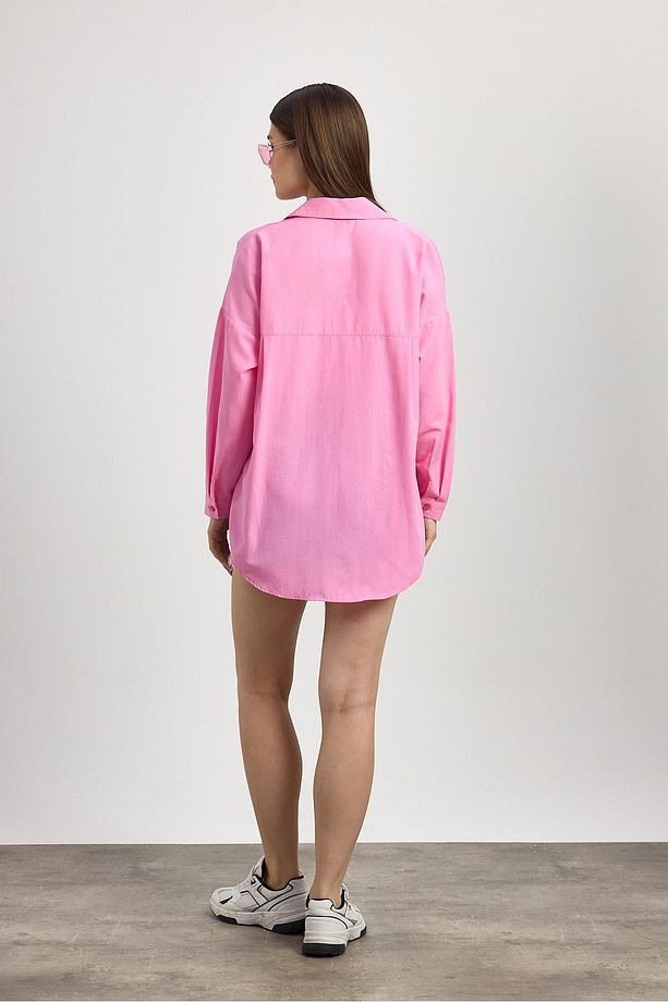 Şeker Pembe Çift Cepli Oversize Uzun Basic Gömlek - Tcr-6256a - 5