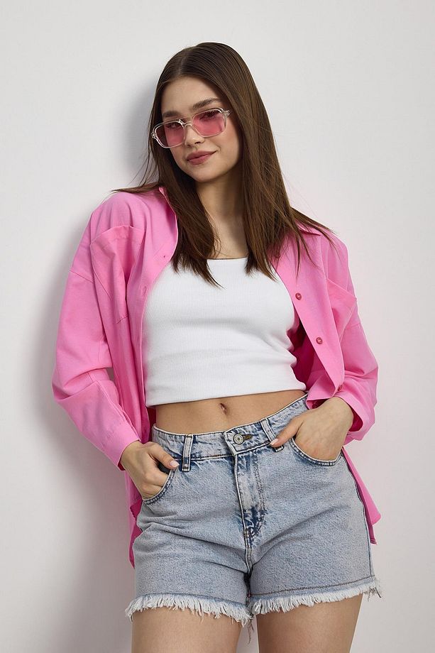 Şeker Pembe Çift Cepli Oversize Uzun Basic Gömlek - Tcr-6256a - 6