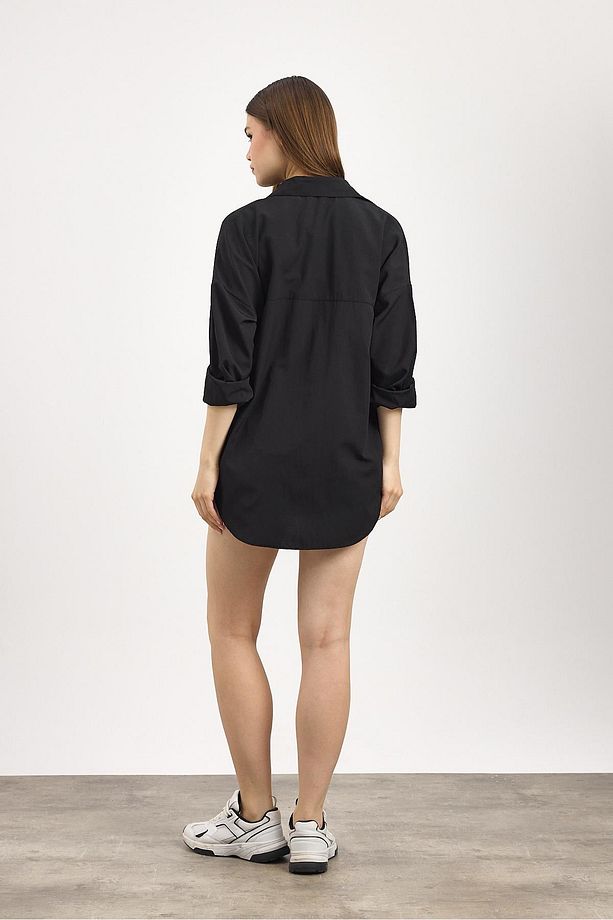 Siyah Çift Cepli Oversize Uzun Basic Gömlek - Tcr-6256a - 5