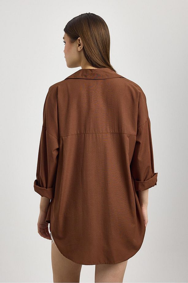Kahve Çift Cepli Oversize Uzun Basic Gömlek Tcr 6256a - 5