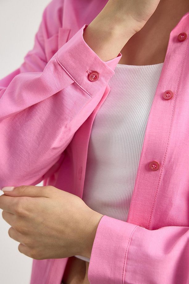 Şeker Pembe Çift Cepli Oversize Uzun Basic Gömlek - Tcr-6256a - 4