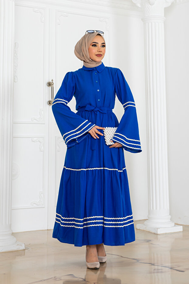 Biyeli Elbise Saks Mavisi 2035 - 5