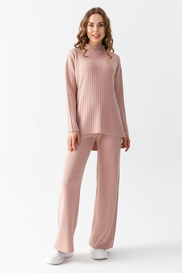 Women's Powder Oversize Ribbed Bottom Top Knitwear Set 6308