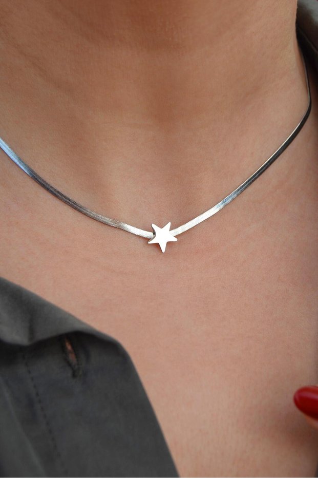 Italian Steel Thin Necklace - Mini Star and Star Detail
