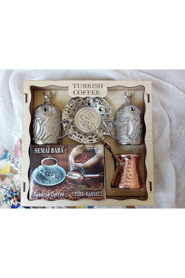 Semai Baba Ahşap Kutulu, Iki Fincanlı, Tek Kişilik Cezveli, Türk Kahvesi Seti Yeni Porselen Bardaklı - 1