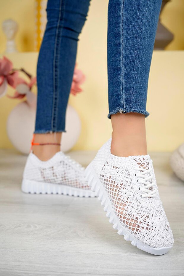 Knit Patterned Sneakers C White Textile - 2
