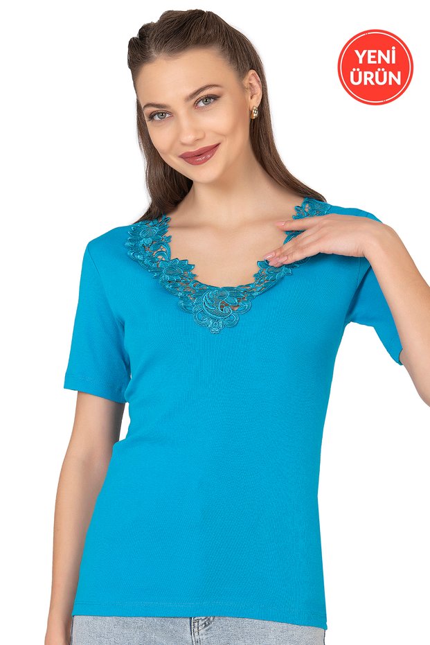 Özkan 2005 Women's 100% Cotton Stretchy Comfortable Lace Laced V Neck Short Sleeve Magnolia Singlet Undershirt