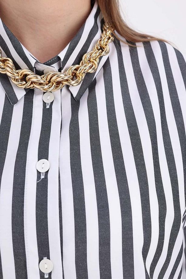 Beyaz-Siyah-Oversize Basic Gömlek - 5
