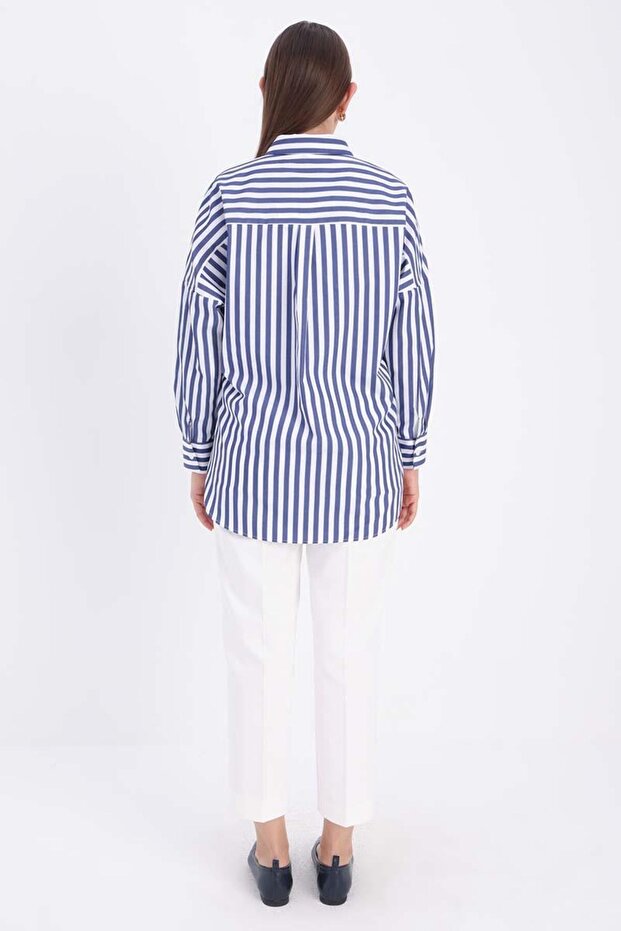 Beyaz-Lacivert-Oversize Basic Gömlek - 4